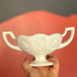 Vintage Kemple Milk Glass Pedestal Bowl with handles
